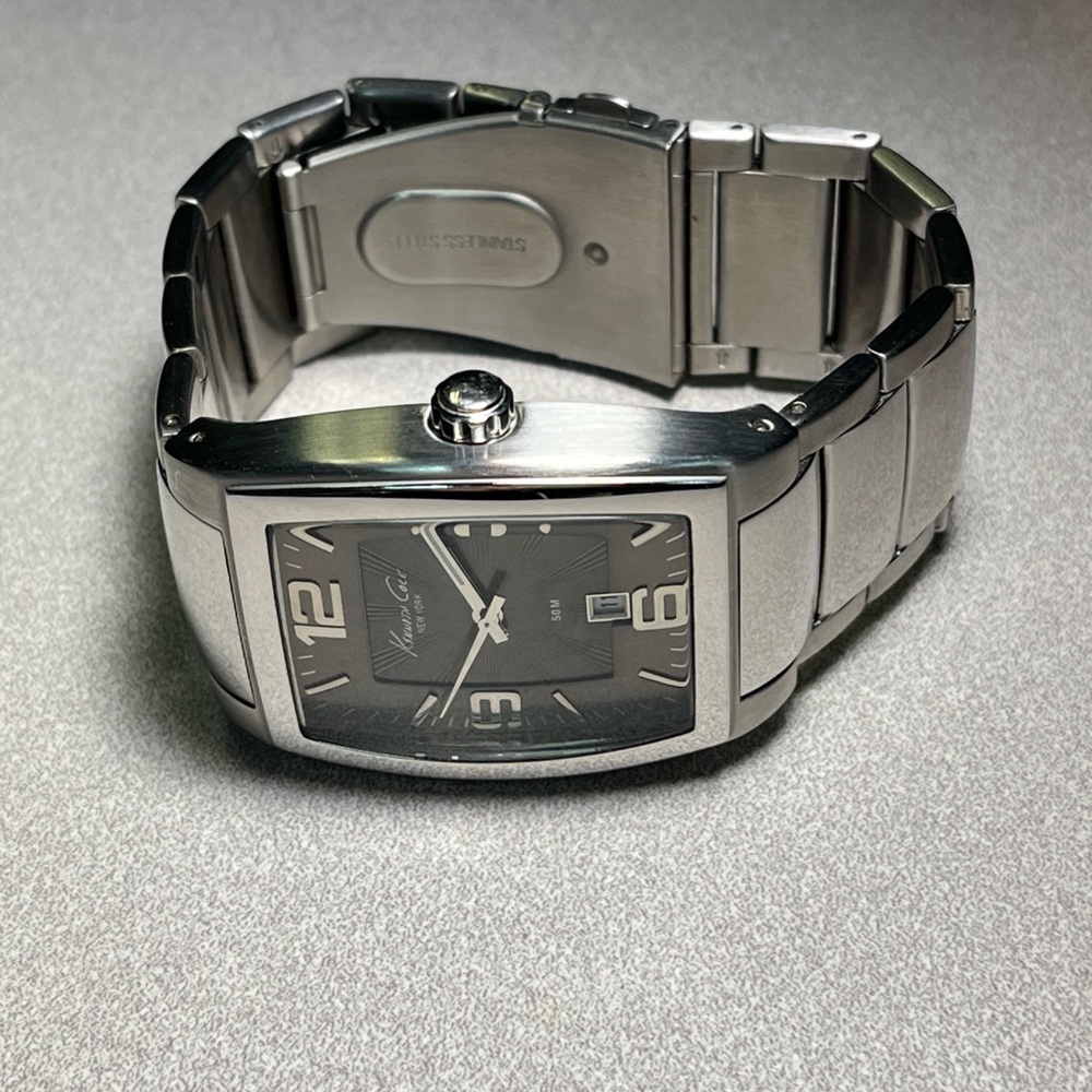 Kenneth Cole Rectangular Silver-Tone Men's Watch with Black Dial/clean